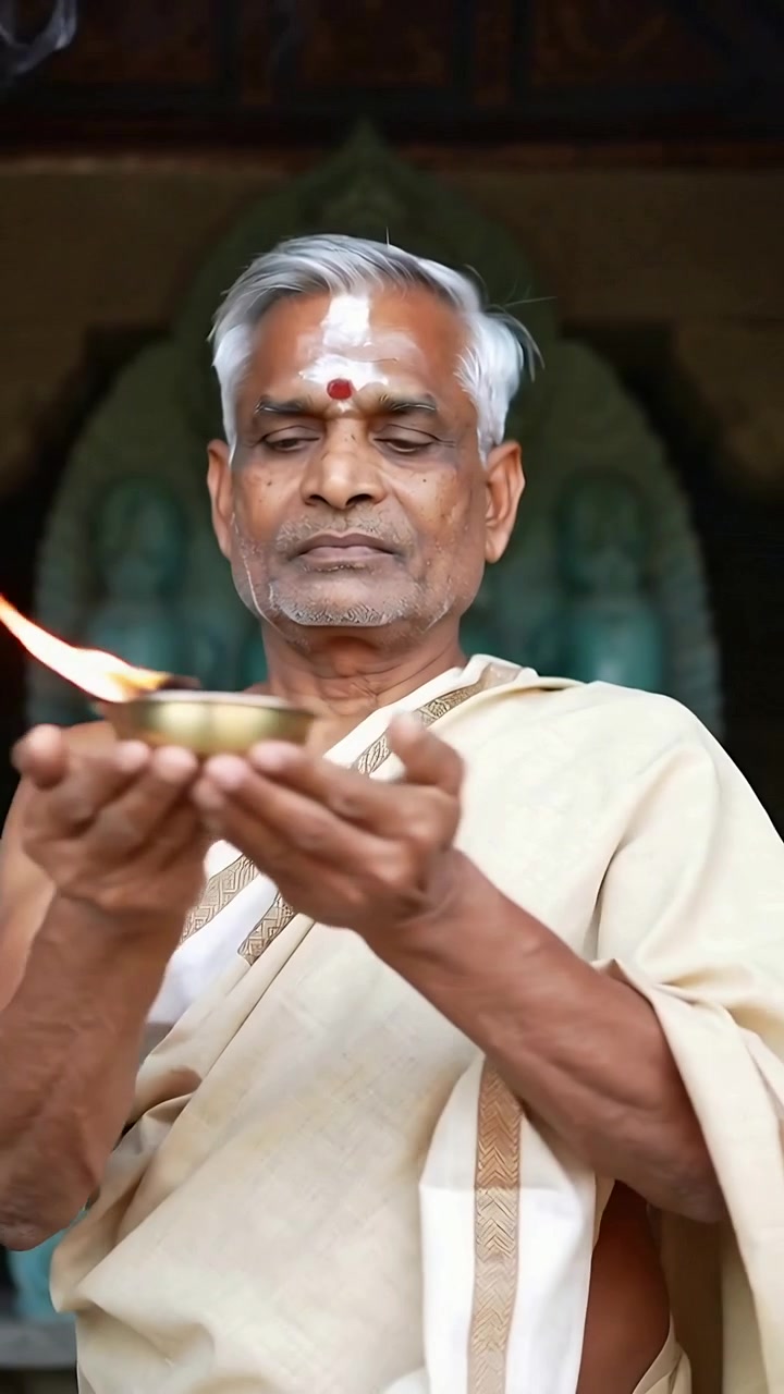 Vertical video: Right arm reaching, priest cupping brass lamp at shrine, offering in cream dhoti