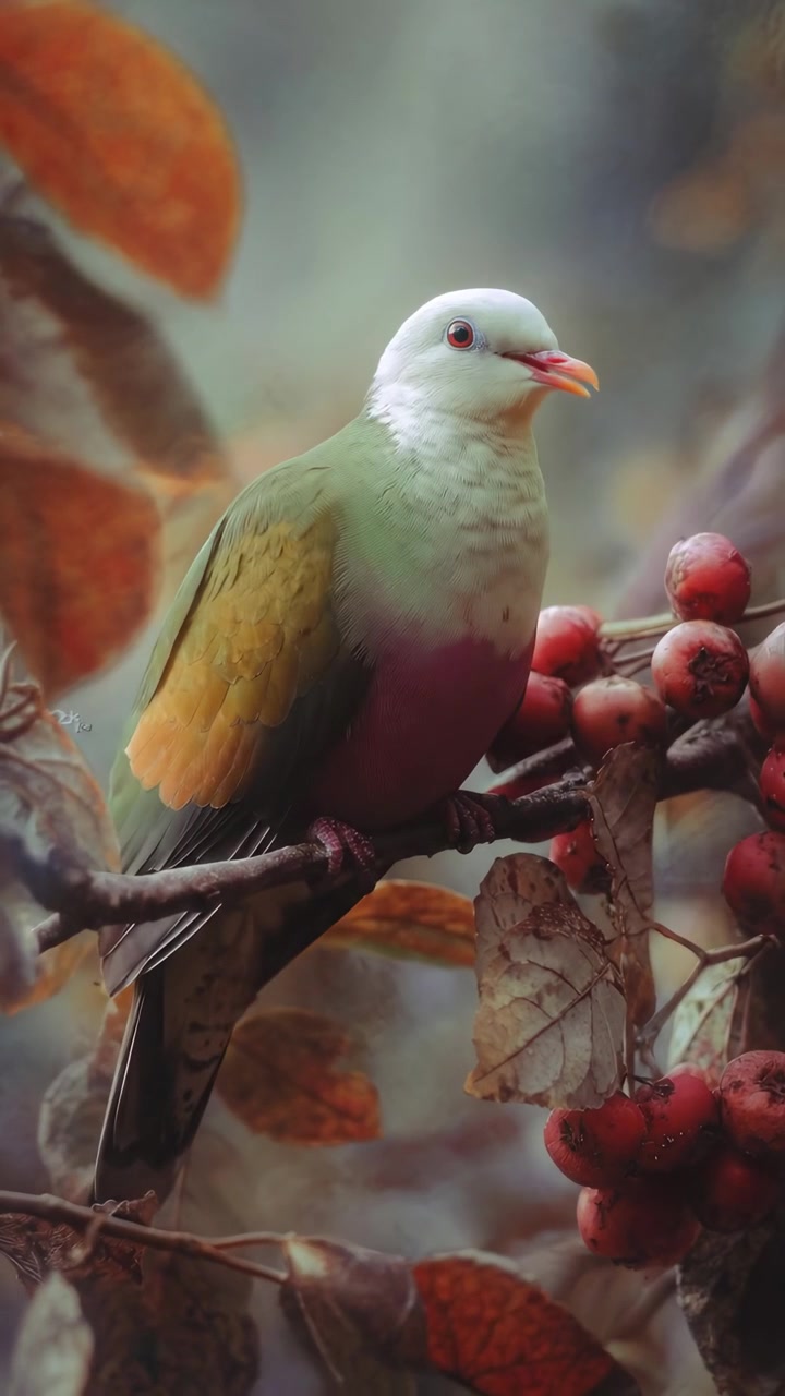 Colorato piccione verde dal collo rosa appollaiato su un ramo mentre mangia bacche