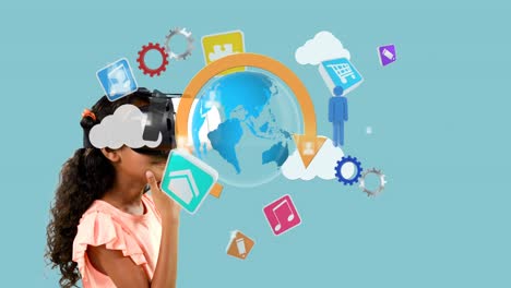 ragazza che usa un auricolare di realtà virtuale con icone generate digitalmente 4k