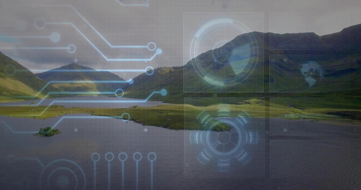 Lake landscape filling frame, circuits emerging left, HUD pulsing, panels showing globe for mapping