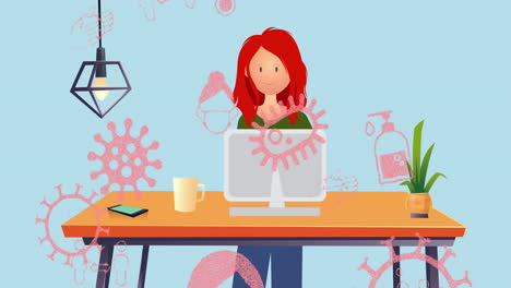 animación digital de células de covid-19 flotando sobre el icono de una mujer usando una computadora portátil contra un fondo azul