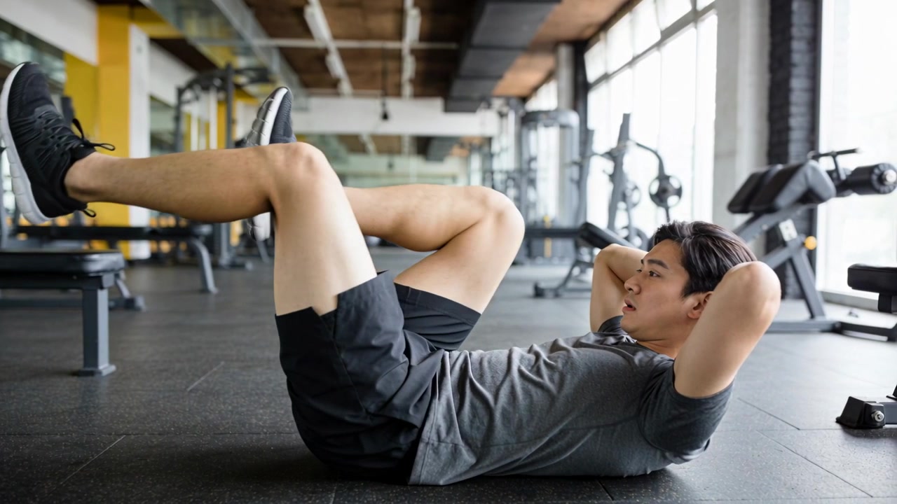 Ein Mann in Sportkleidung beginnt auf dem Rücken liegend und macht Bicycle Crunches auf dem Boden, mit Bänken für die Rumpfmuskulatur
