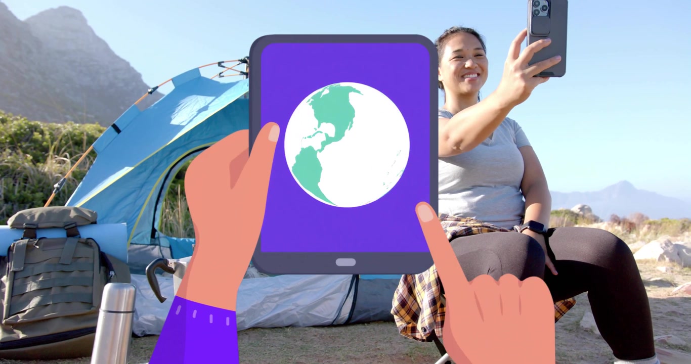 Tangan animasi mengetuk tablet globe, lapisan bergerak, wanita menyesuaikan ponsel mengambil swafoto untuk perjalanan