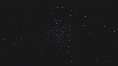Spiraling-blue-dots-symmetrical-circular-pattern-on-black-background