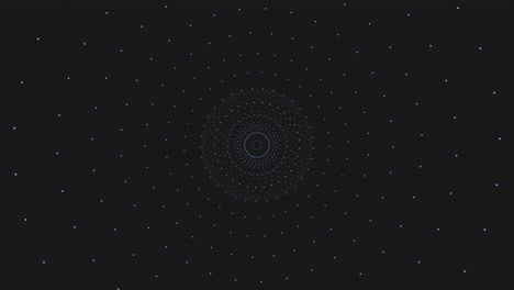 spiraling blue dots symmetrical circular pattern on black background