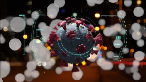 scope scanning over covid-19 cell against night city traffic