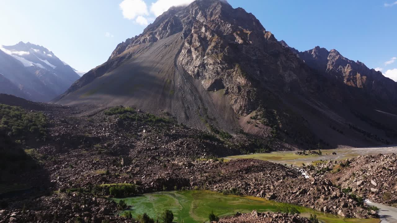 Aerial View of a Mountain Lake in a Rocky Valley