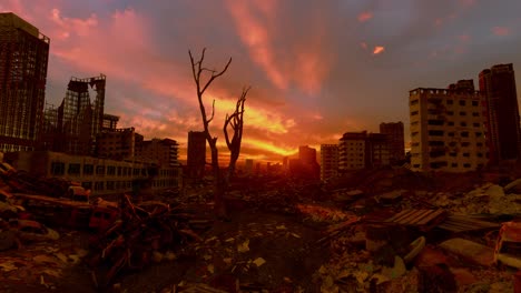 deserted demolished city buildings, after war, sunset time