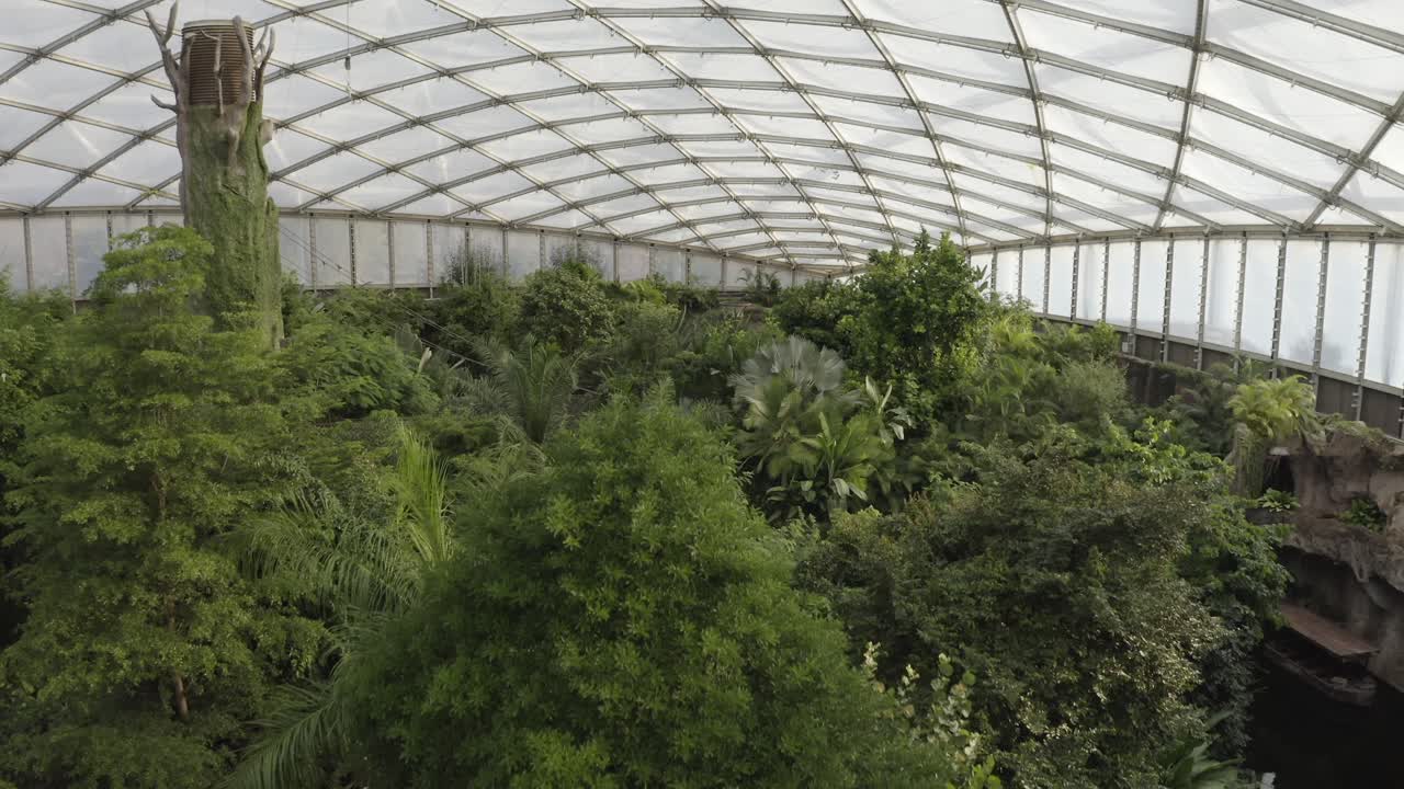 drone filmado dentro de gondwanaland zoo de leipzig, estructura, arquitectura moderna, día cálido y soleado, rojo 4k