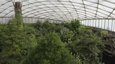 drone shot inside gondwanaland leipzig zoo, structure, modern architecture, warm and sunny day, red 4k