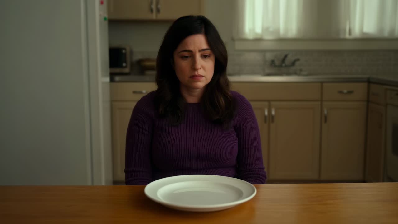 Sad Woman Sits Alone at Kitchen Table with Empty Plate