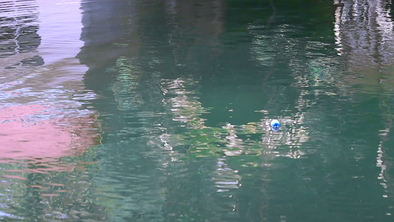 호수 표면을 가로질러 끌려가는 낚시 미끼