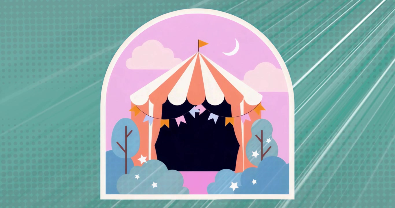 Striped circus tent curtains parting on pink sky cue, bat peeking flapping wings in carnival reveal