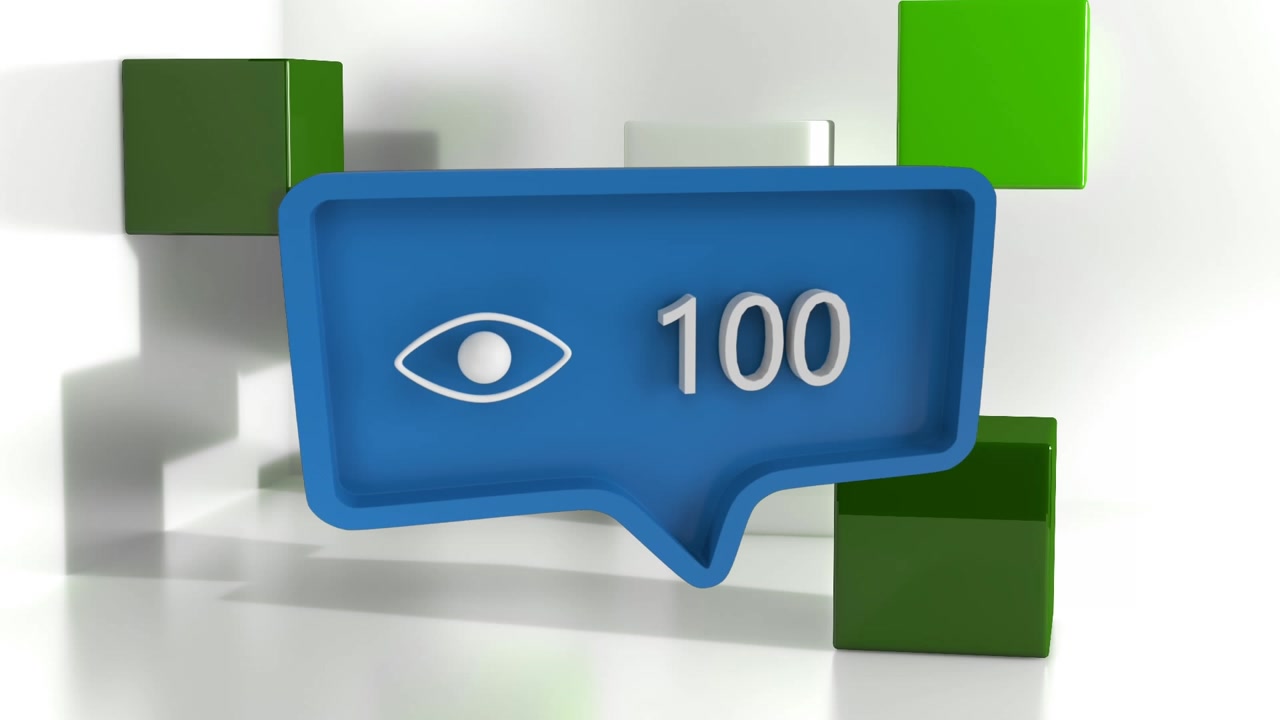 Animação de ícone de olho de mídia social com número crescente sobre cubos verdes em fundo branco.