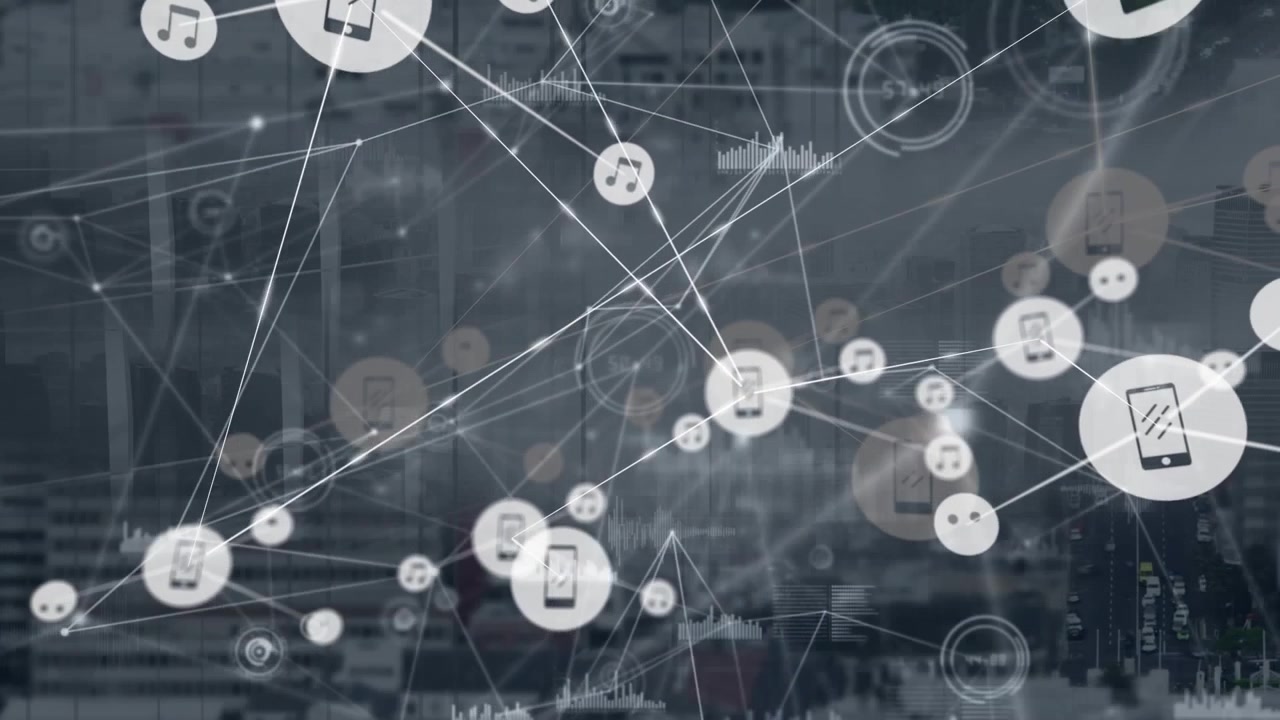 Animation of network of connections over cityscape
