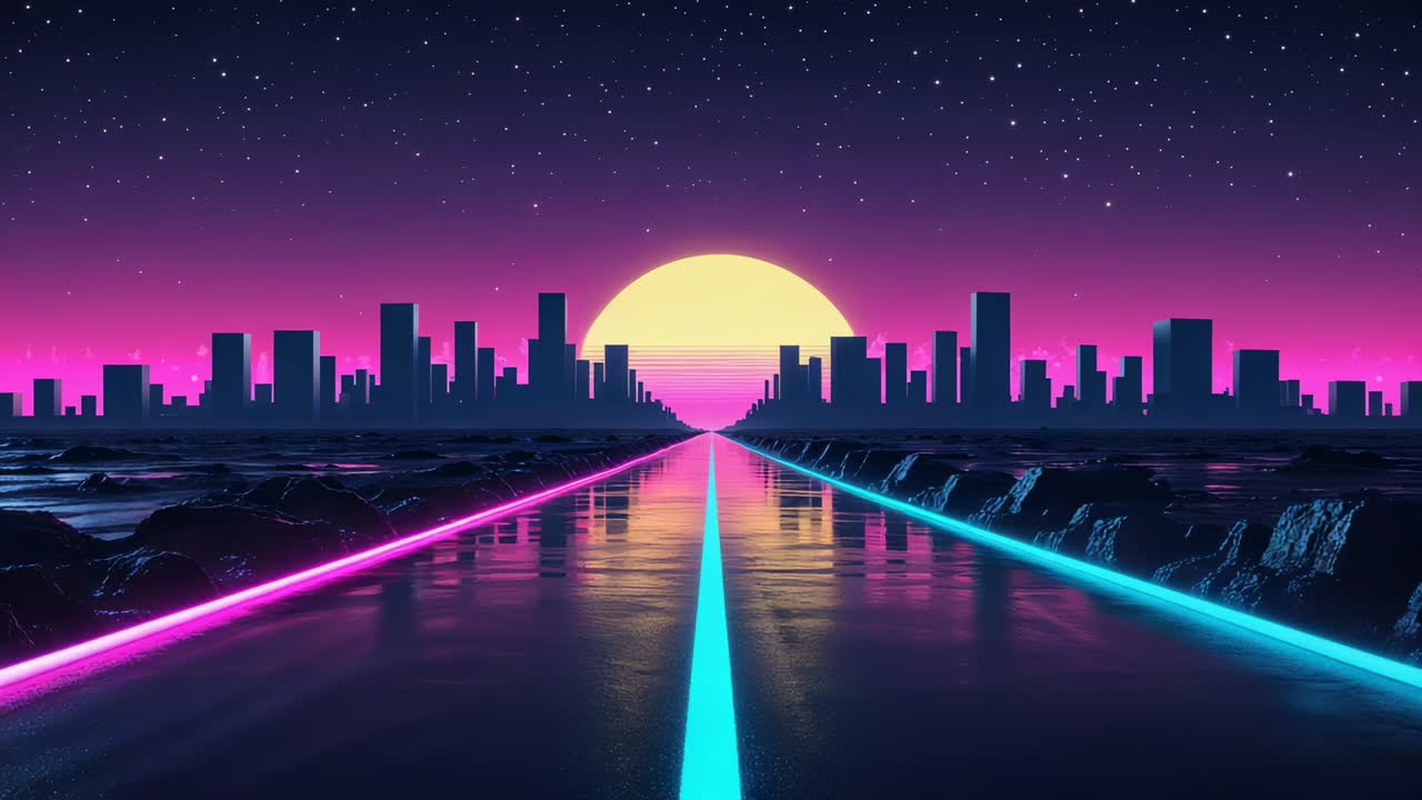 Neon Road to a Retro-Futuristic City Sunset