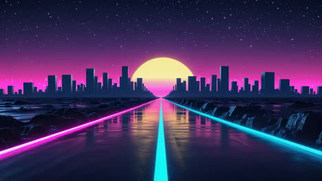neon road to a retro-futuristic city sunset