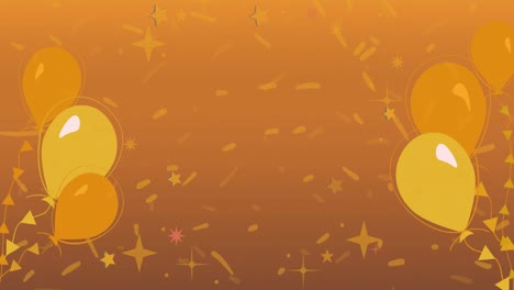 animation of yellow balloons and confetti on orange background