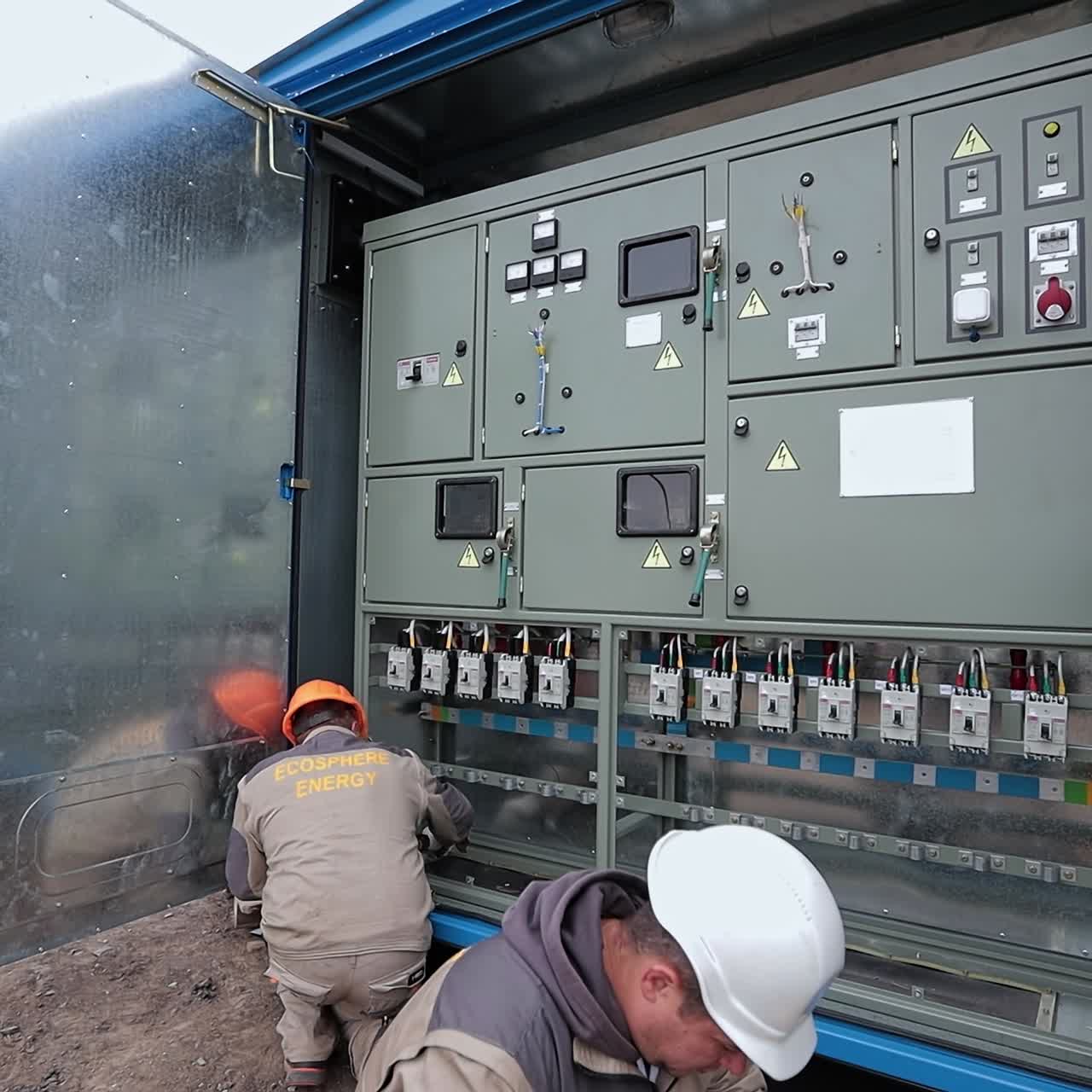 Electric station engineer instalation. Specialists checking electic supply