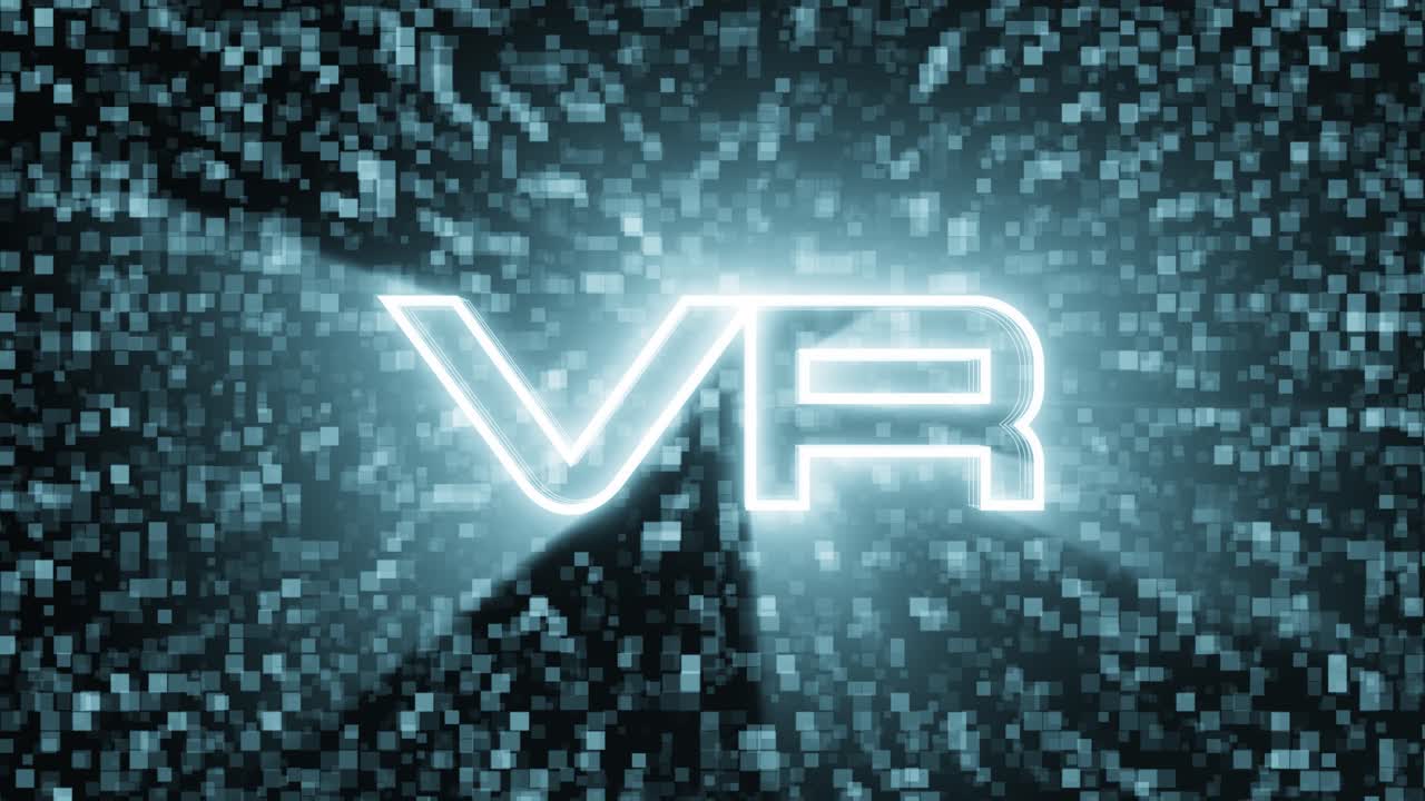 Animation of VR, virtual reality, text with square pixel-like animation background and the camera flying out of the text.