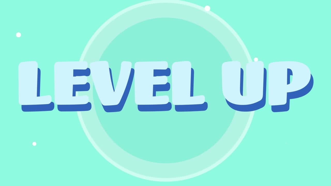 파란색 배경에 대한 기하학적 모양 위의 레벨 업 텍스트의 애니메이션