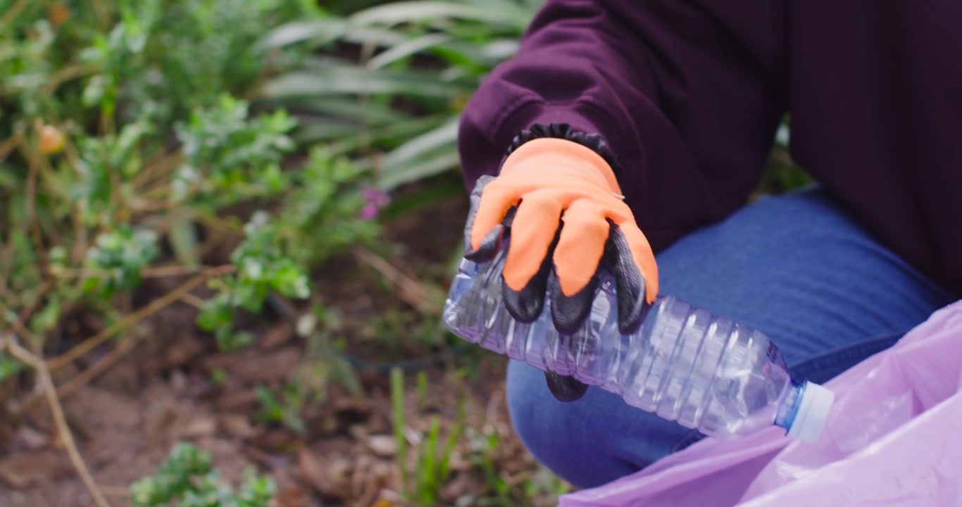 Indian woman kneeling in garden cleaning seeing bottle and placing in purple bag with orange gloves