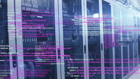 computer code animation over server racks in data center
