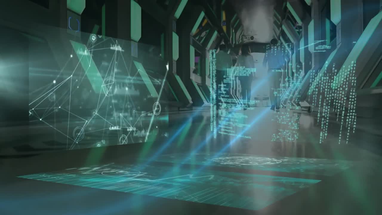 Multiple screens with data processing against people walking in computer server room
