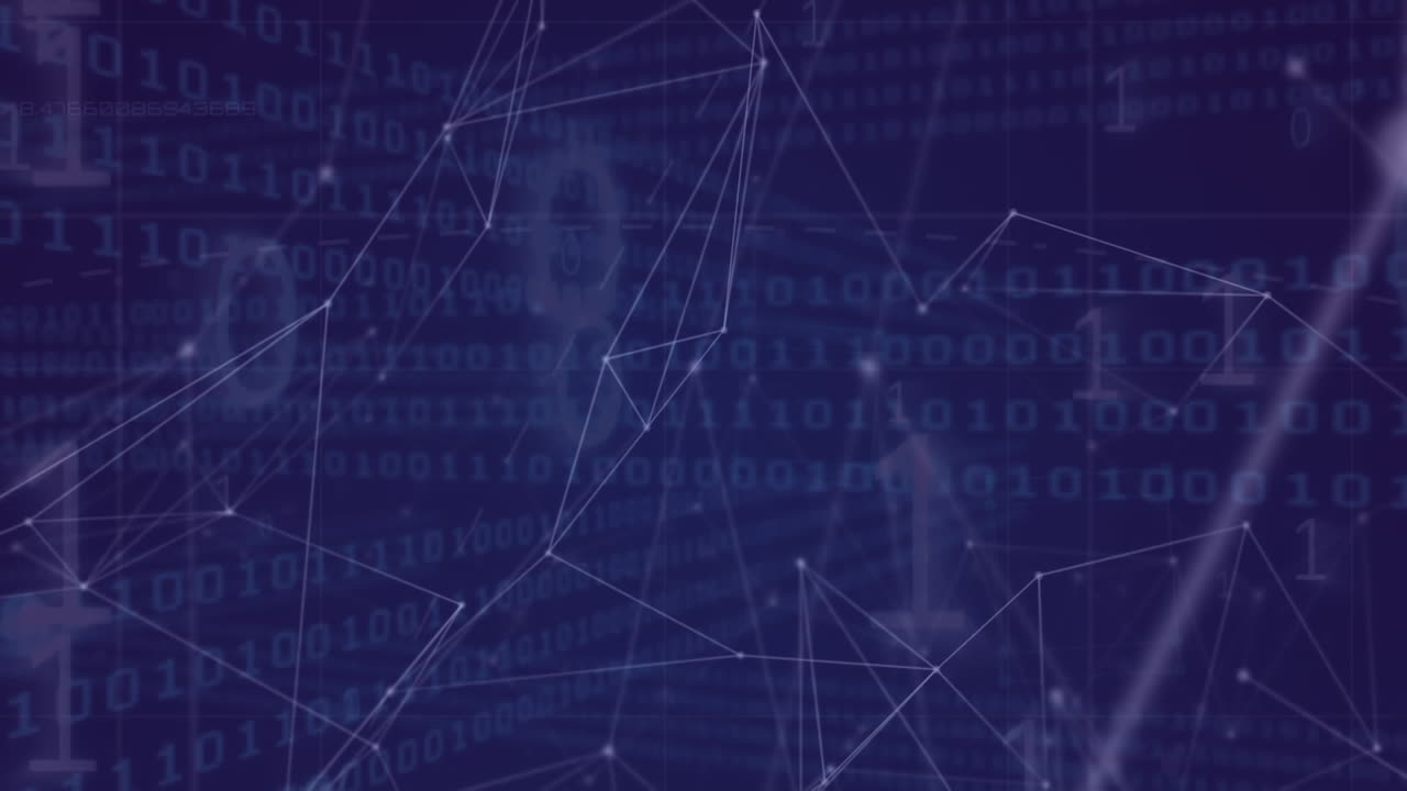 animación de la red de conexiones y procesamiento de datos de codificación binaria sobre fondo púrpura
