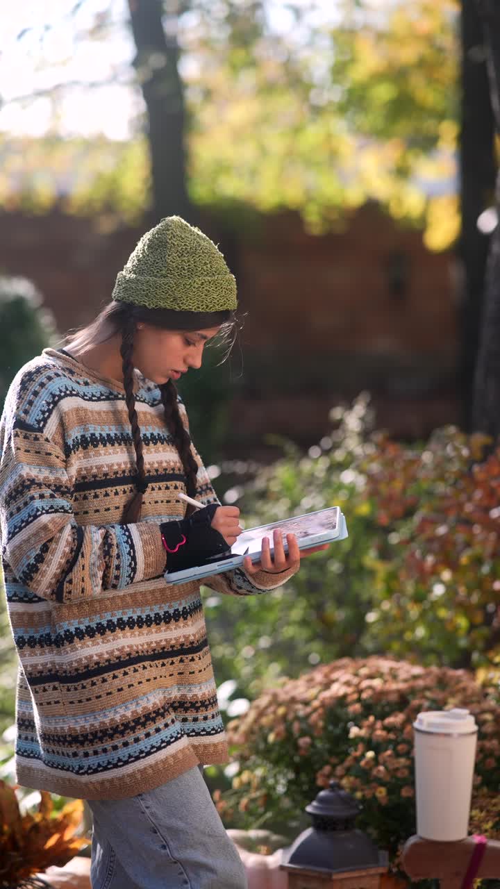 adolescente estudiando al aire libre en otoño
