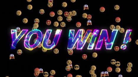 Animation-of-illuminated-you-win-text-with-various-emojis-moving-on-black-background