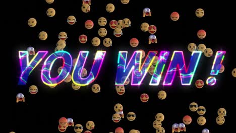 animation of illuminated you win text with various emojis moving on black background