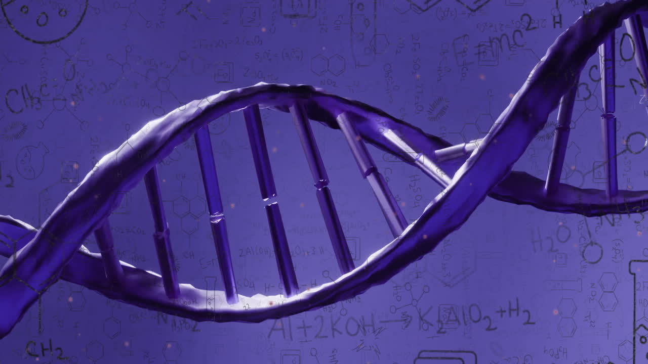 animación de la fórmula química y la cadena de adn en fondo azul