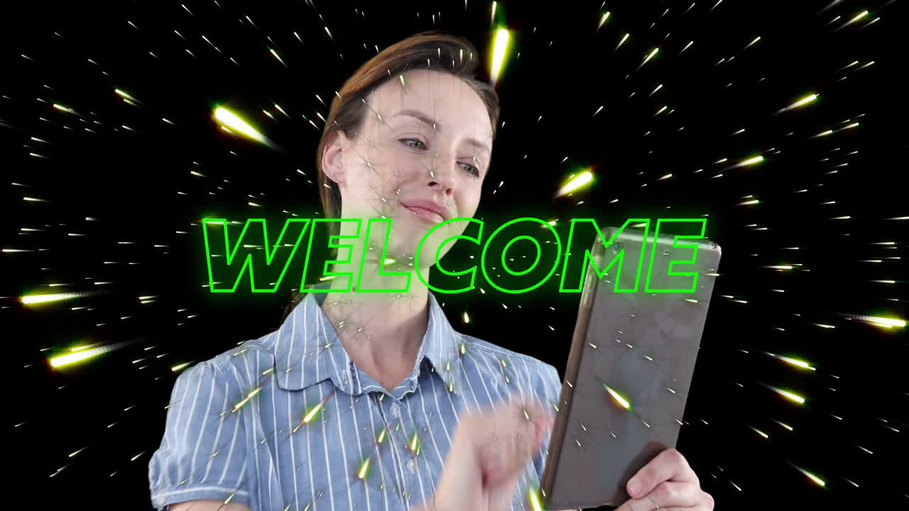 Woman using tablet with WELCOME text and green starburst animation