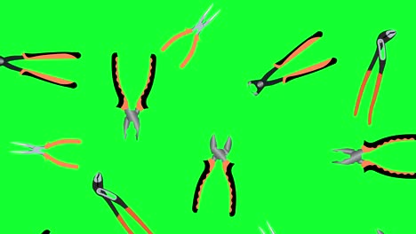 working pliers tools elements falling animation, on green screen chroma key, seamless loop