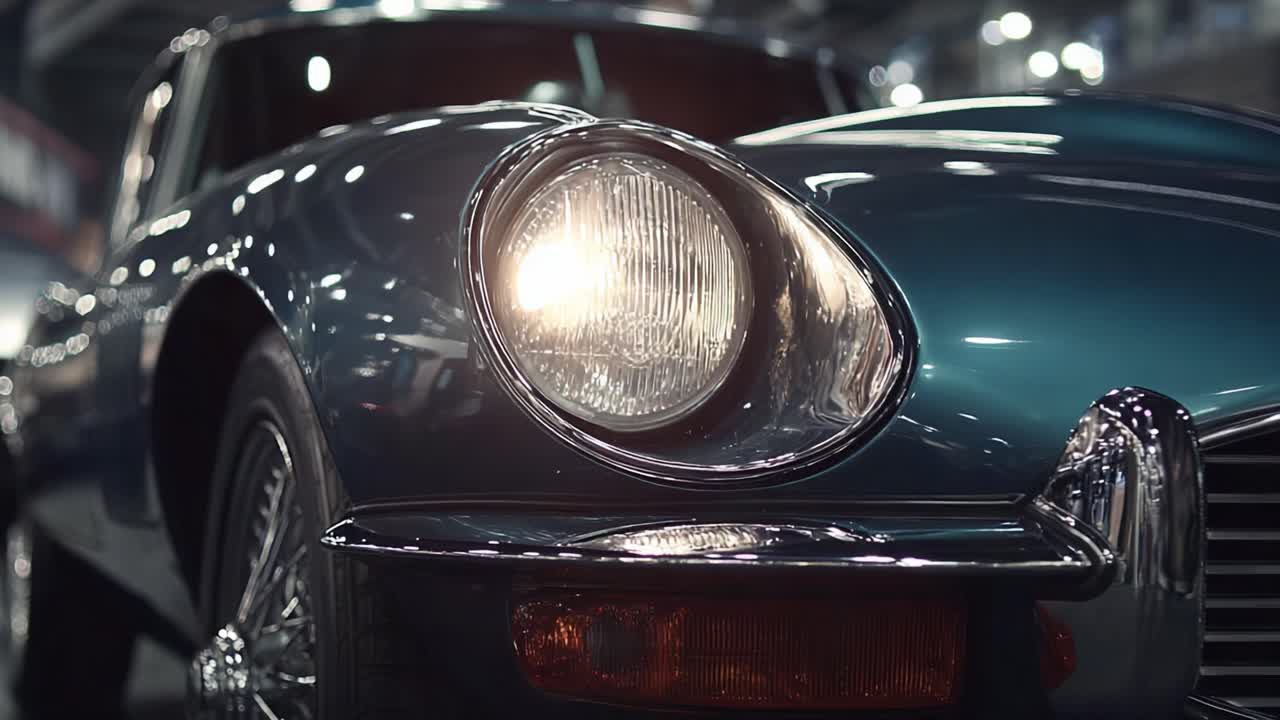Eine elegante Nahaufnahme eines zeitlosen Oldtimers, die sein unverwechselbares Design und seinen brillanten Glanz in einem modernen Ausstellungsumfeld zur Schau stellt