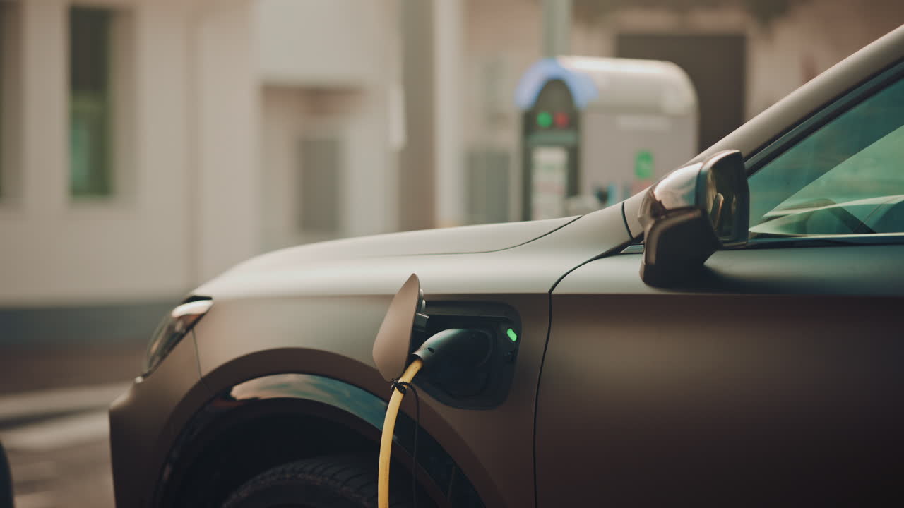 Close up of an electric vehicle plugged into a charging station