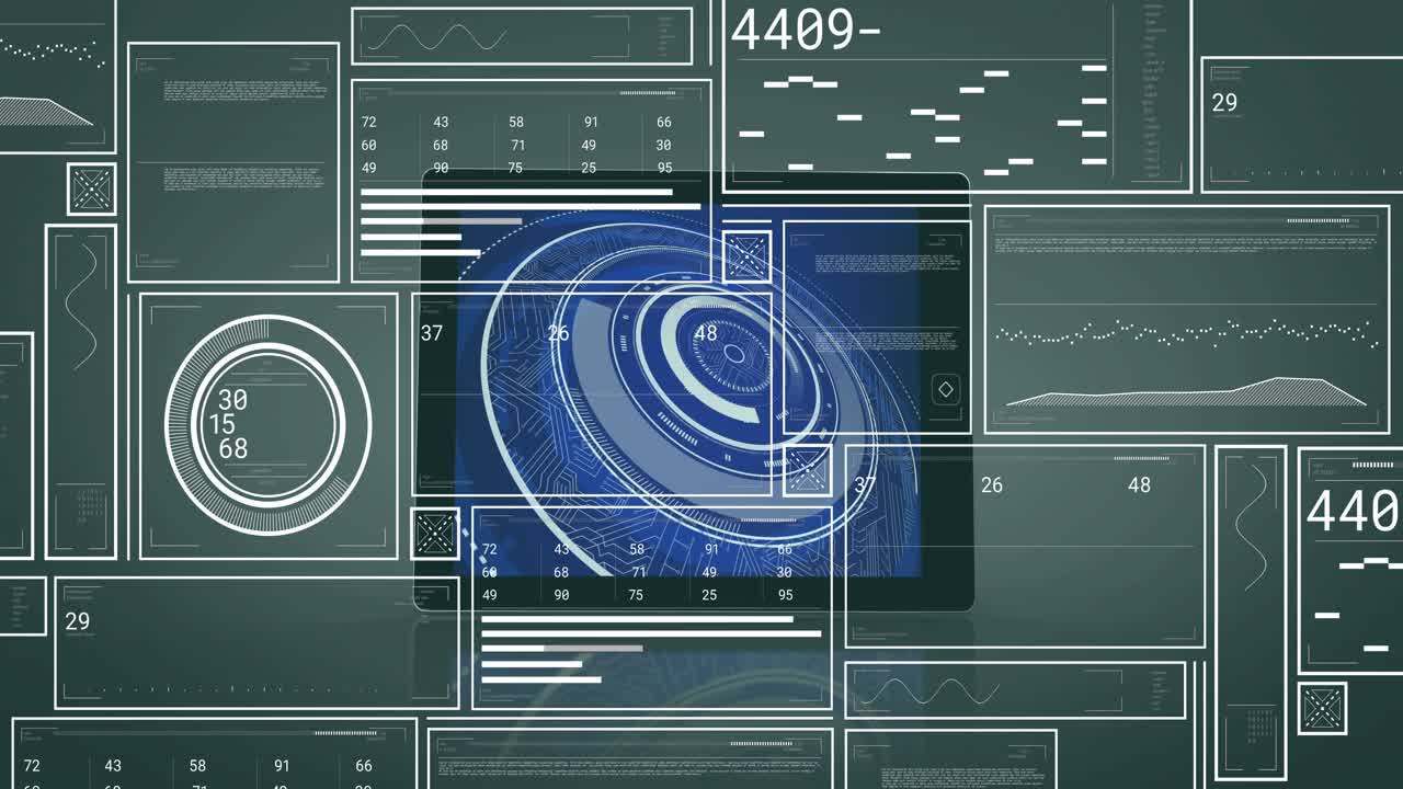 Grid fading in triggers blue holographic disc rotating, expanding, updating panels for data display