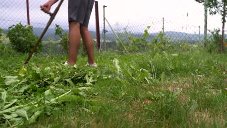 la mitad inferior del macho usando guadaña tradicional para cortar hierba en el jardín