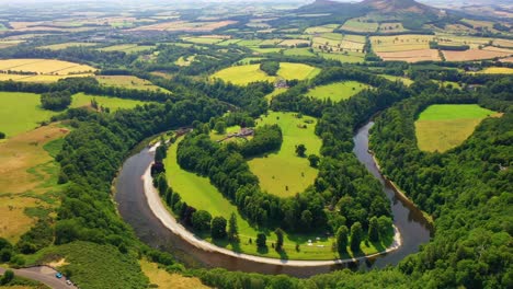 aerial angle of the river tweed in scottish borders, scotland, united kingdom