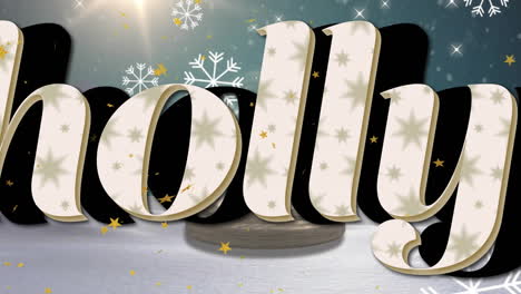 animation of snowflakes falling over holly text banner and snow globe on winter landscape