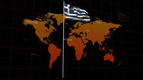 animation of financial data processing over flag of greece and world map