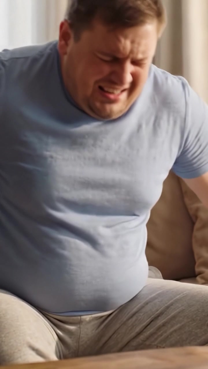 A man experiences discomfort while sitting on a couch, showcasing the struggle and pain associated with bodily discomfort, highlighting the impact on daily life.