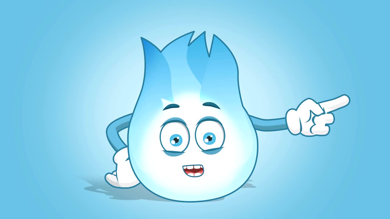 dibujos animados llama de gas feliz puntero derecho hablar con cara animación alfa mate