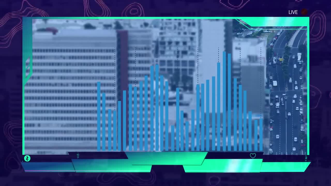 animación de gráficos sobre edificios modernos y vehículos en movimiento en la interfaz del grabador de video