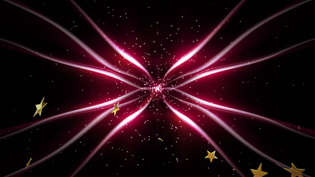 Red cluster firing ribbons while golden stars drifting up to visualize energy in flat design void