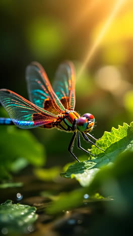 colorful dragonfly perched on a green leaf in sunlight