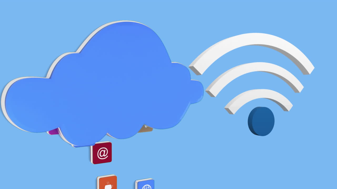 Animation of wifi and online icons with digital blue cloud on blue background