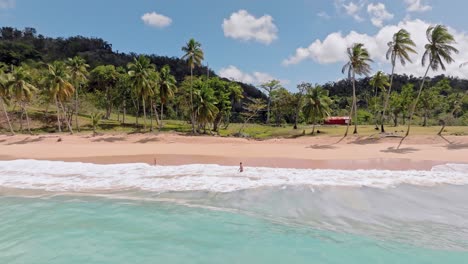 Malerischer-Karibischer-Strand,-Gesäumt-Von-Palmen,-Die-Sich-In-Der-Meeresbrise-Wiegen