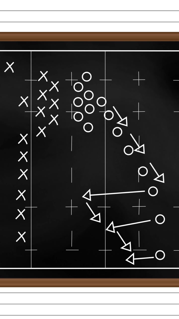 Animation av fotbollsstrategi ritad på en svart griffeltavla mot en bakgrund av vitt linjerat papper